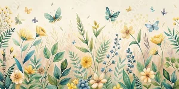 Obraz Serene Meadow An Artistic Depiction of Buttercup Blooms and Delicate Butterflies Amongst Lush Greenery