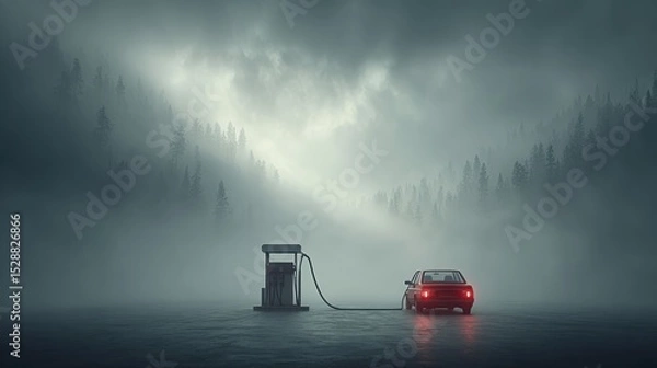 Obraz Foggy morning shot of car being refueled, mist over gas nozzle