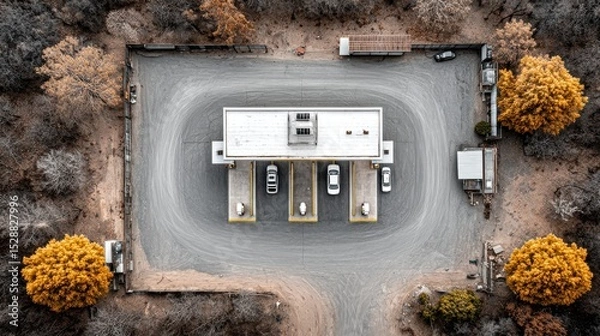 Obraz Drone view of rural gas station with cars and pump nozzles clearly visible