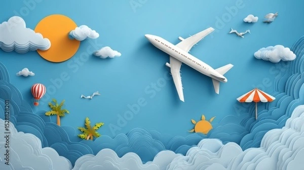 Fototapeta Travel background. Airplane in the sky. Stickers collage. The concept of flight and vacation.