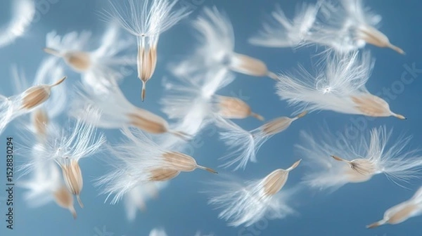 Fototapeta Delicate Dandelion Seeds Floating in the Wind Against Blue Sky