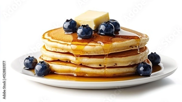 Fototapeta Three golden-brown pancakes drizzled with syrup, topped with blueberries and a pat of butter, served on a white plate against a stark white background