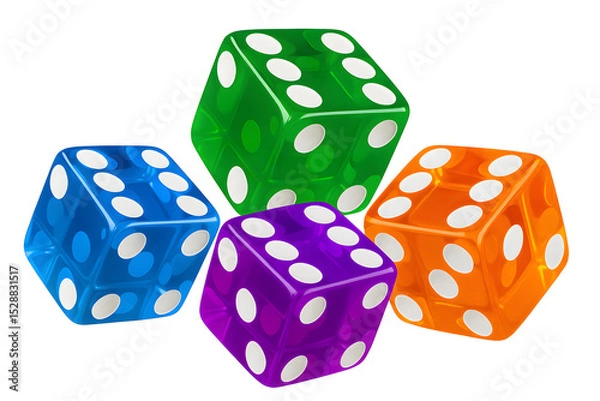 Fototapeta Colorful transparent dice set isolated on white background, 3D rendered game cubes with bright numbers, vibrant plastic gaming accessories, casino concept, luck strategy design, playful visual element