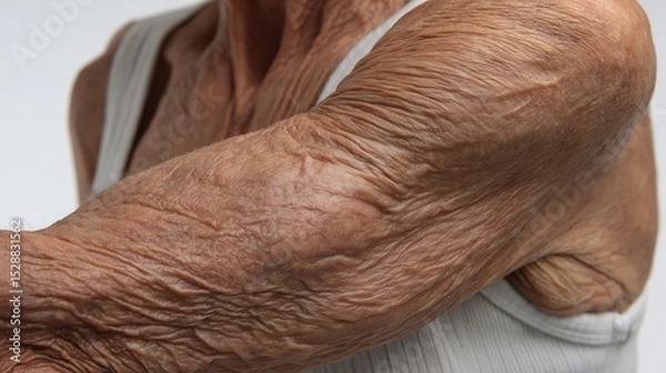 Fototapeta An elderly person's arm showing wrinkles and skin textures on the upper body. Aging. Very old person