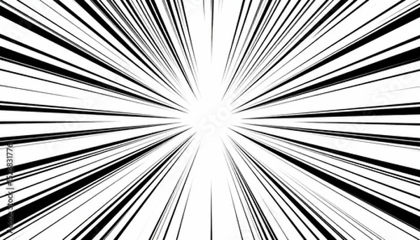 Fototapeta Line speed effect with radiating black stripes on white background. 