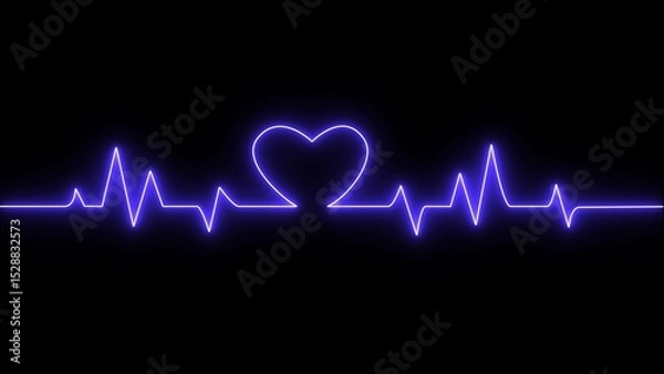 Obraz Neon digital heartbeat plus icon. Heartbeat pulse electrocardiogram rhythm on black background.