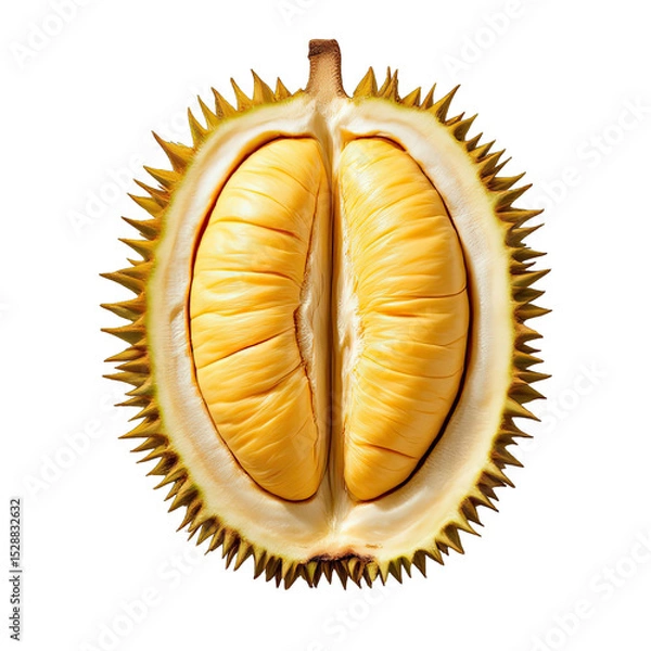 Fototapeta Close-up of a durian fruit, cut in half, displaying its golden flesh.
