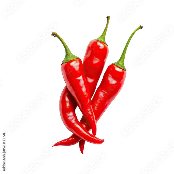 Fototapeta Close-up of three red chili peppers against a black background.