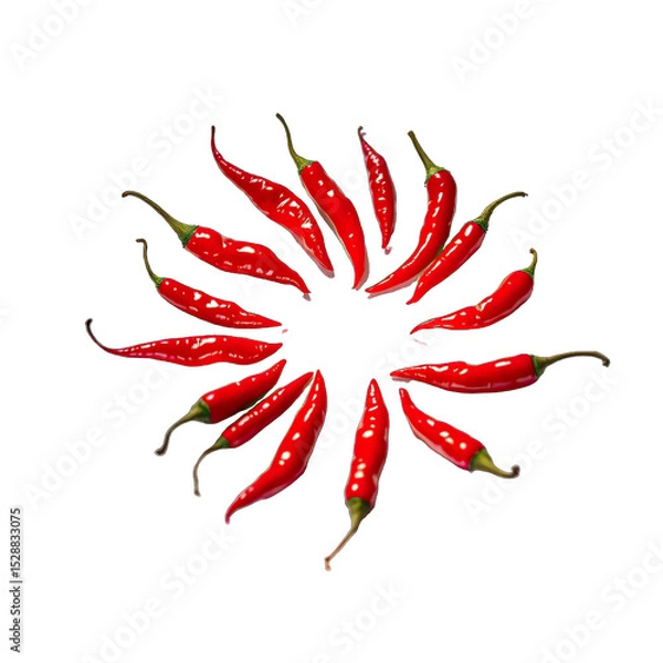 Fototapeta Red chili peppers arranged in a circular pattern against a black background.
