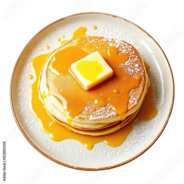 Fototapeta Stack of golden pancakes topped with butter and syrup.