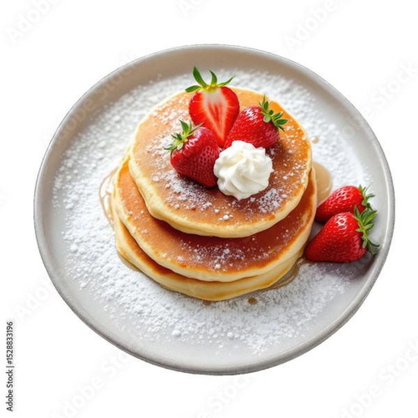 Fototapeta Stack of pancakes topped with fresh strawberries and whipped cream.