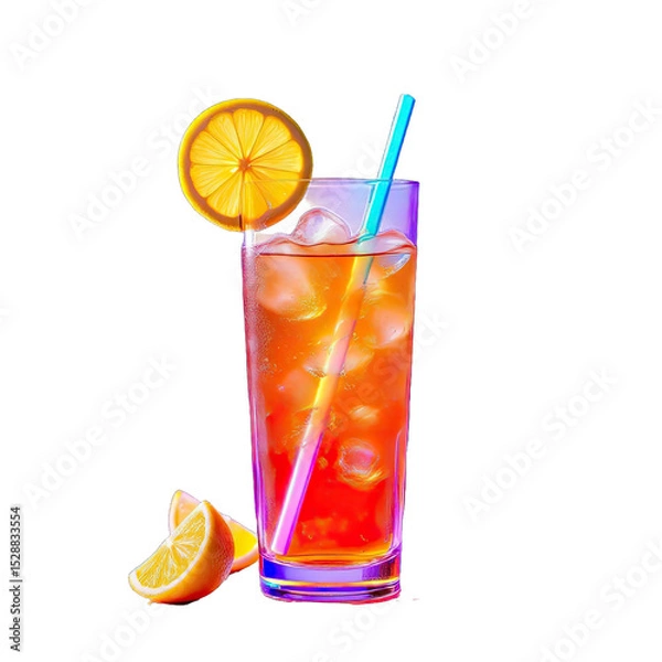 Fototapeta Vibrant iced tea drink with lemon slices and a colorful straw.