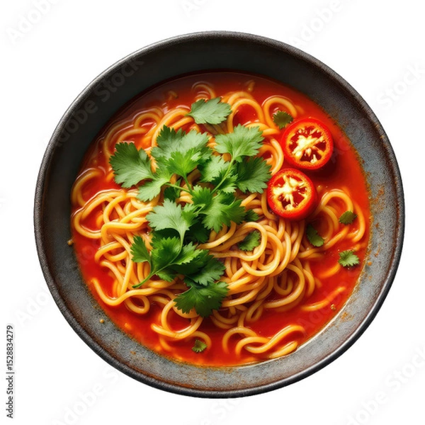 Fototapeta Bowl of spaghetti with tomato sauce, cilantro, and chili peppers.