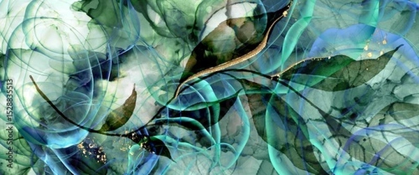 Fototapeta Hand drawn abstract background with green colour accent and organic motif