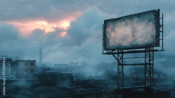 Fototapeta an empty sign on a rusted billboard in a foggy urban skyline, weathered and abandoned, surrounded by thick clouds and decaying rooftops, evoking a sense of post-apocalyptic stillness and eerie silence