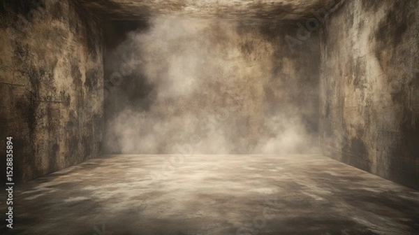 Fototapeta an empty room with aged, textured walls and a dusty, smoke-filled atmosphere, the dim light reveals grunge surfaces and a mysterious, abandoned tone suitable for a cinematic poster design