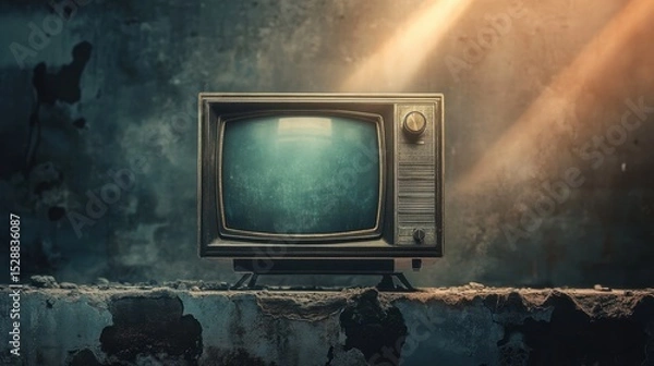 Fototapeta an empty television in a decayed urban setting, placed on a cracked concrete ledge with dramatic golden sunlight filtering through the dust