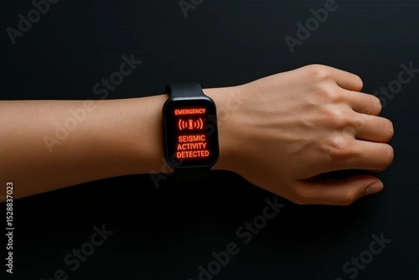 Fototapeta Seismic Alert on Smartwatch. Emergency notification of earthquake activity displayed on modern wrist device, black background.