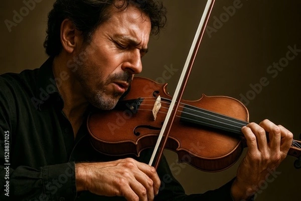 Fototapeta Violinist in Emotional Expression. Passionate musician playing violin with intense facial expression, close up view.