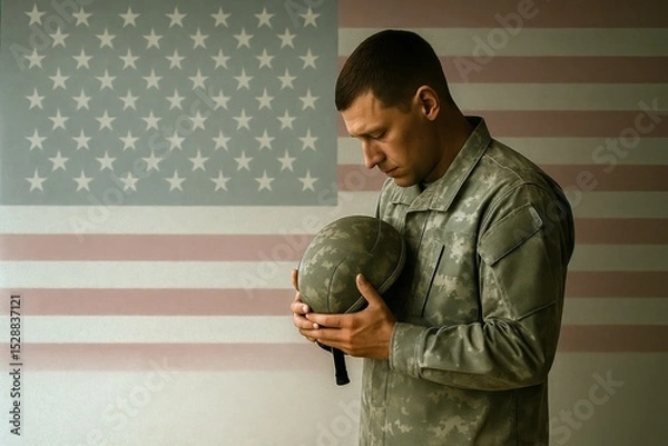 Fototapeta PTSD Awareness Day concept. Soldier Honoring in Silence. Military man in uniform holding helmet with bowed head in front of American flag, solemn tribute.
