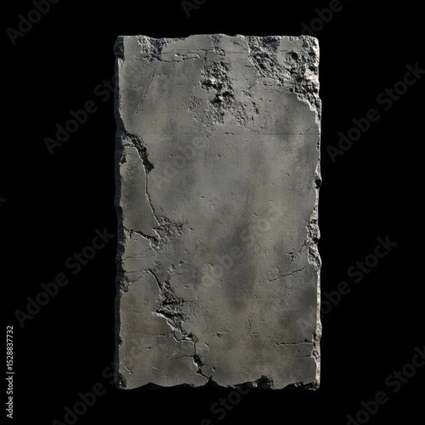 Fototapeta a weathered concrete slab, rough texture with visible cracks, erosion, and natural shadow depth, rectangular shape with irregular edges, industrial construction element isolated on black background