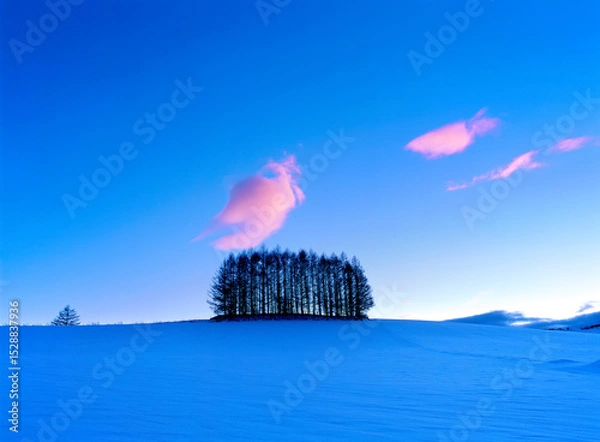 Obraz カラマツ林に浮かぶ夕焼け雲（美瑛町）