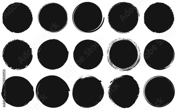 Fototapeta hand drawn circle splashe set round artistic grunge black shape paint dirty ink strokes silhouette vector background element damaged grainy spray paintbrush splat dye abstract