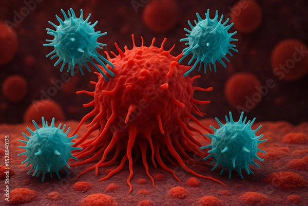 Fototapeta Cancer cell attacked by immune system lymphocytes, microscopic 3d illustration of red tumor cell and blue viruses, medical immunotherapy concept, oncology defense mechanism, biology science background