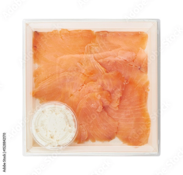Obraz Smoked salmon in plastic box with clear lid, top view cut out isolated transparent background