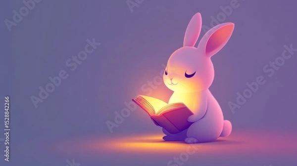 Obraz Modern bunny vector illustration with a rabbit holding glowing book, symbolizing knowledge and magical storytelling