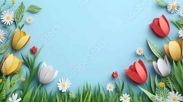 Obraz Spring-themed border frame in paper cut style with colorful flower, symbolizing freshness and joyful season