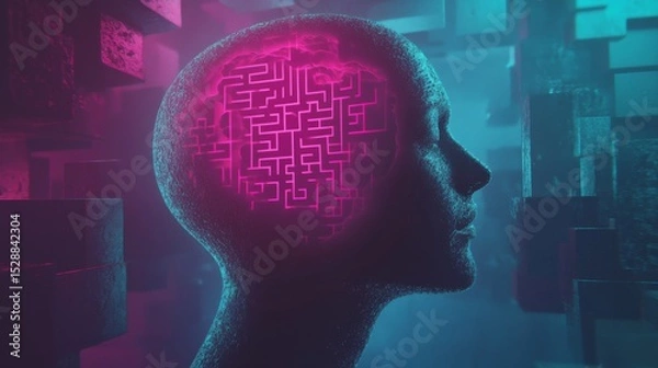 Obraz 
Stylized subconscious mind concept with a glowing intricate maze, symbolizing complex thought and digital intelligence