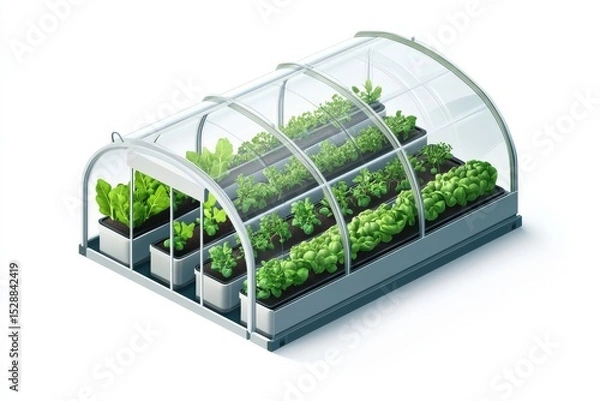 Obraz 
Isometric vector illustration of a modern smart farm greenhouse, symbolizing sustainable agriculture and urban gardening