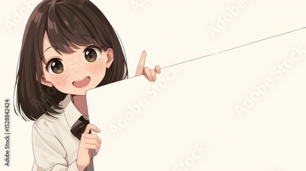 Obraz 
Cute anime student in school uniform eagerly pointing to blank sign, symbolizing presentation and ready for your message