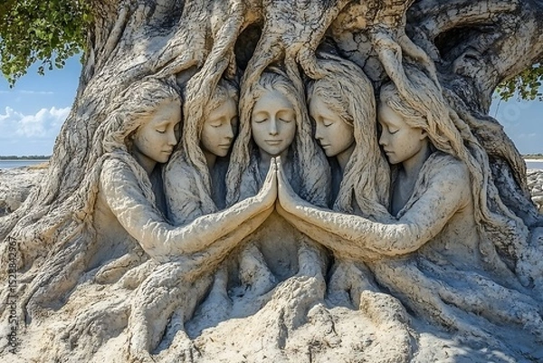 Fototapeta Tree with Roots Forming Women Holding Hands Unity Through Nature