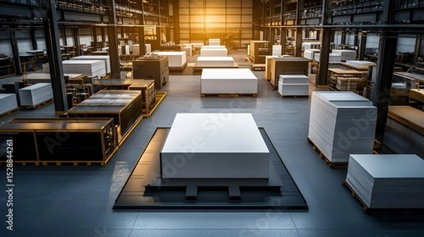 Fototapeta A printing factory with large format printers in operation, showing paper handling and various finishing processes, emphasizing commercial printing, graphic arts, and industrial printing.