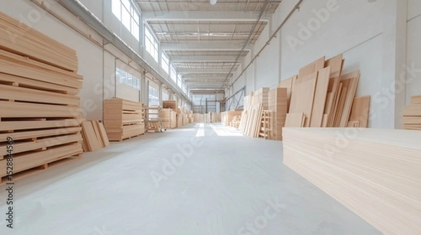 Obraz A woodworking factory with advanced CNC routers and active sawmills involved in timber processing and carpentry, showcasing furniture manufacturing and industrial woodworking with a strong emphasis