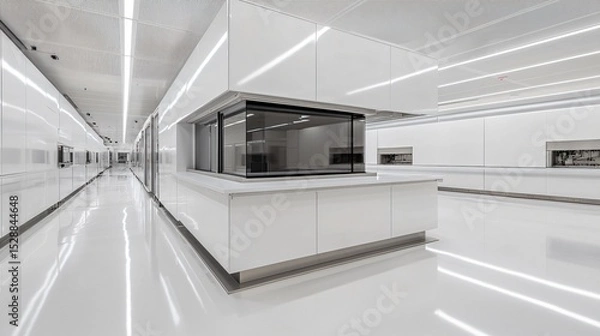 Obraz An electronics manufacturing facility with circuit board assembly and soldering stations within a pristine cleanroom environment, emphasizing microchip production and precision electronics in
