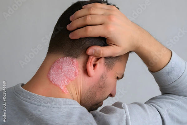 Fototapeta Man scratching back of neck with red scaly skin patch, psoriasis or eczema irritation, dermatology problem concept, dry inflamed skin disease, autoimmune condition flare-up, health awareness illustrat