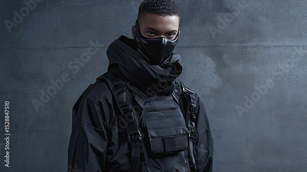 Obraz A young Black man, clad in all-black tactical gear including a mask, stands against a dark gray textured wall, his gaze directed at the camera