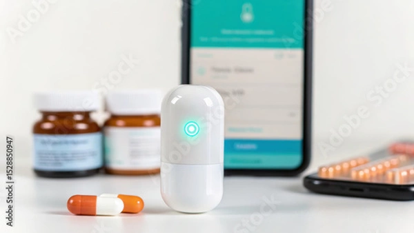 Fototapeta Smart pill dispenser with medication, pill bottles, and a smartphone app interface on a white surface.