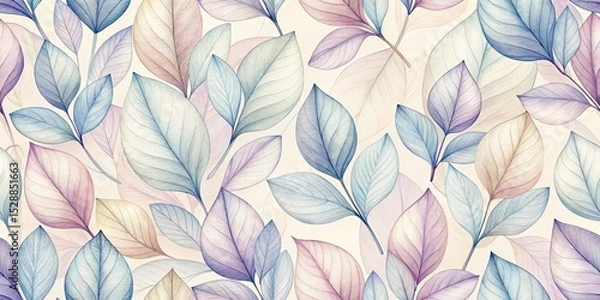 Fototapeta Pastel Leaf Pattern Delicate Watercolor Botanical Illustration Featuring a Seamless Design of Translucent Foliage in Soft Hues