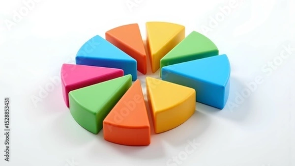 Fototapeta Colorful 3D pie chart with separate slices, illustrating data, statistics, or market share. A business concept for analysis, reports, and infographics, isolated on a clean white back