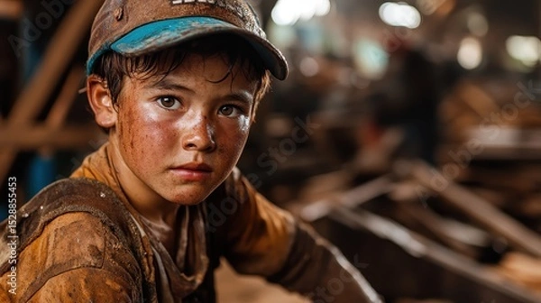 Fototapeta A young boy, covered in dirt, gazes intensely while working in a rustic workshop filled with various tools and wooden structures, representing hard work and resilience.