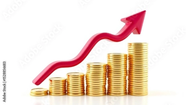 Fototapeta Growing stacks of gold coins with a red arrow trending upwards, symbolizing financial success and profit. A concept for investment, savings, and revenue growth, isolated on a white back