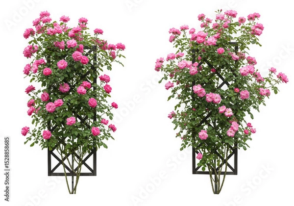 Fototapeta Two pink rose bushes on trellis isolated on transparent background