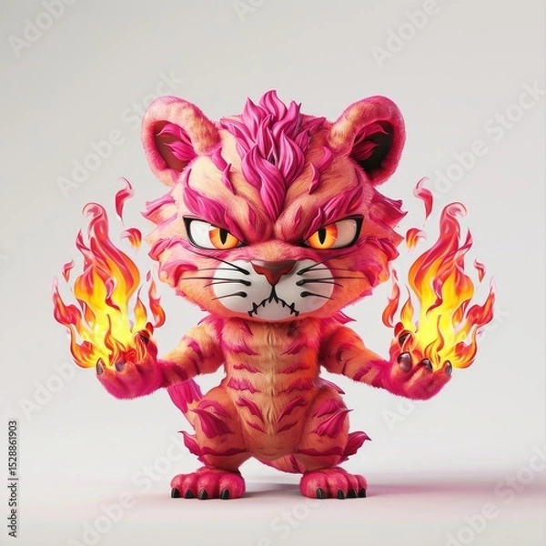 Fototapeta Pink tiger cub with flaming paws, exuding both cute and fierce characteristics isolated on white background