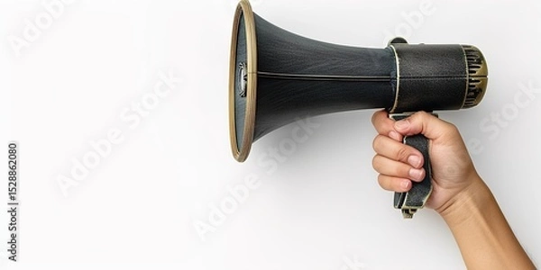 Fototapeta Female hand with megaphone on white 