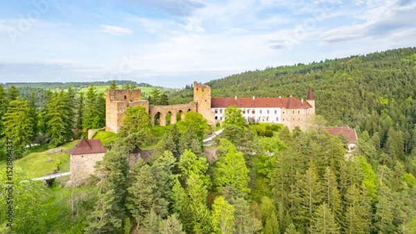 Fototapeta This aerial view captures Velhartice Castle nestled among lush forests in the Czech Republic. The historic site showcases impressive architecture and beautiful natural surroundings.