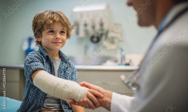 Obraz A young boy with a cast on his arm shaking hands with a doctor in a medical examination room setting